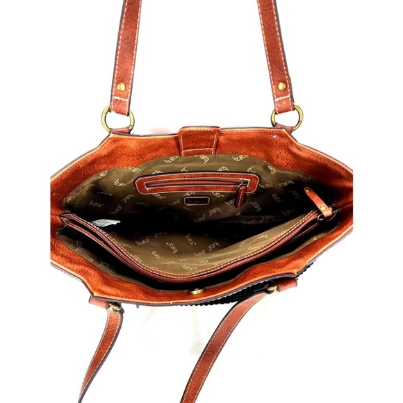 🍓B.O.C. Barn Concepts Shoulder Bag Purse, Tan Leather with Black Weave - Picture 5 of 7